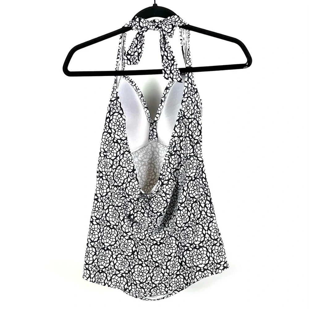 Kona Sol Women's White & Black Geometric Tankini Tie Halter Top - Picture 4 of 5